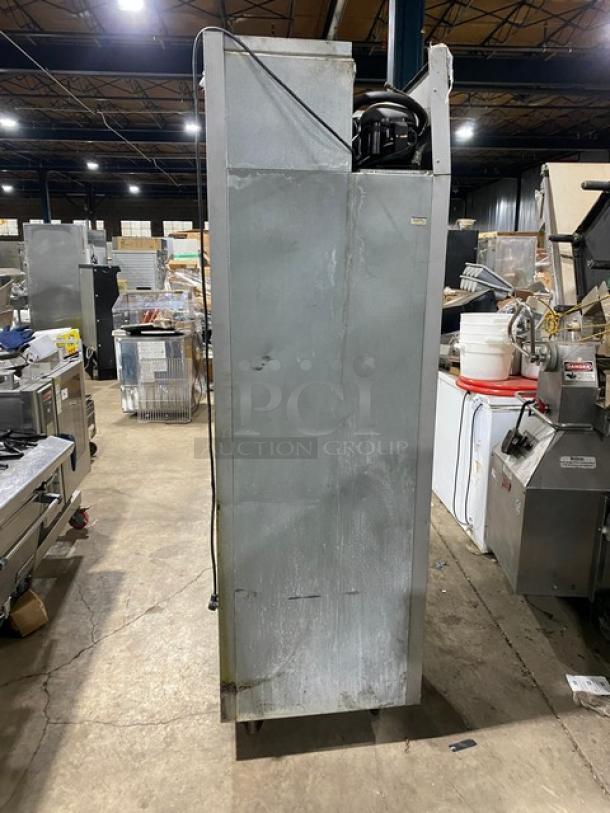 Beverage-Air Horizon Series stainless steel half-door refrigerator, model HR1-1HS, with poly coated rack, on casters.