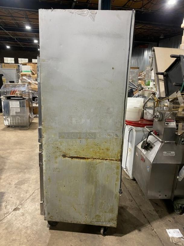 Beverage-Air Horizon Series commercial refrigerator, model HR1-1HS, stainless steel, half-door, on casters, exterior wear.