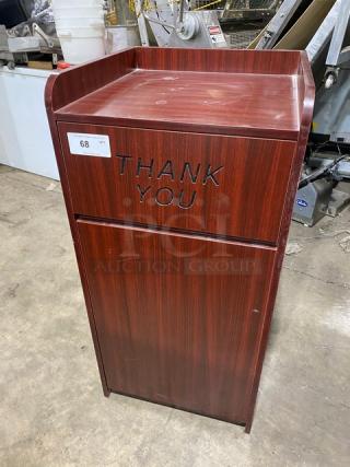 Commercial wooden waste receptacle cabinet with "Thank You" engraving, in good condition. Features include enclosed design, numbered label indicating #68.