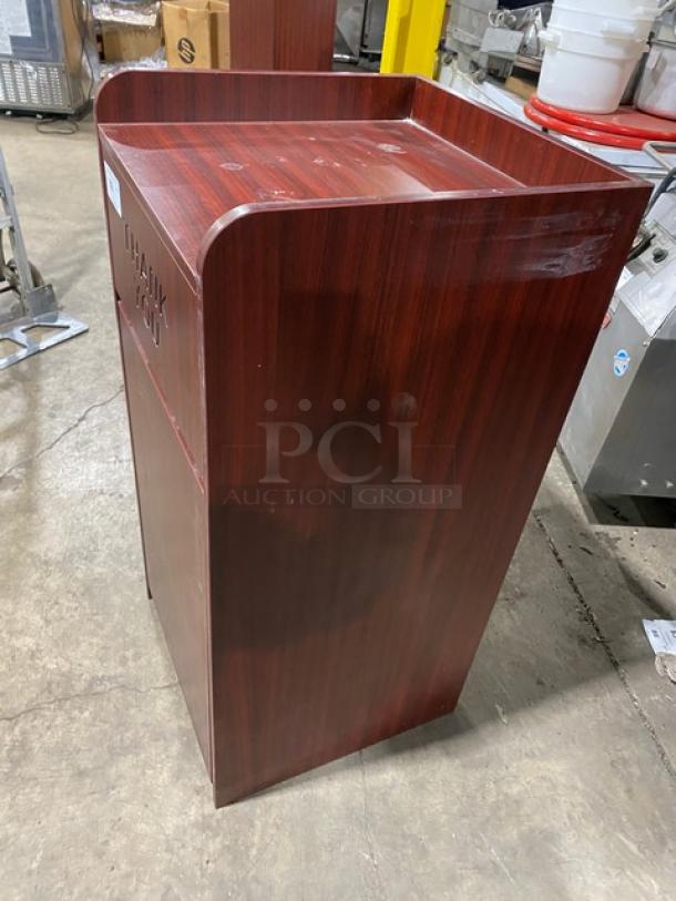 Commercial wooden waste receptacle cabinet in deep wood finish, features "Thank You" text. Suitable for high-traffic areas.