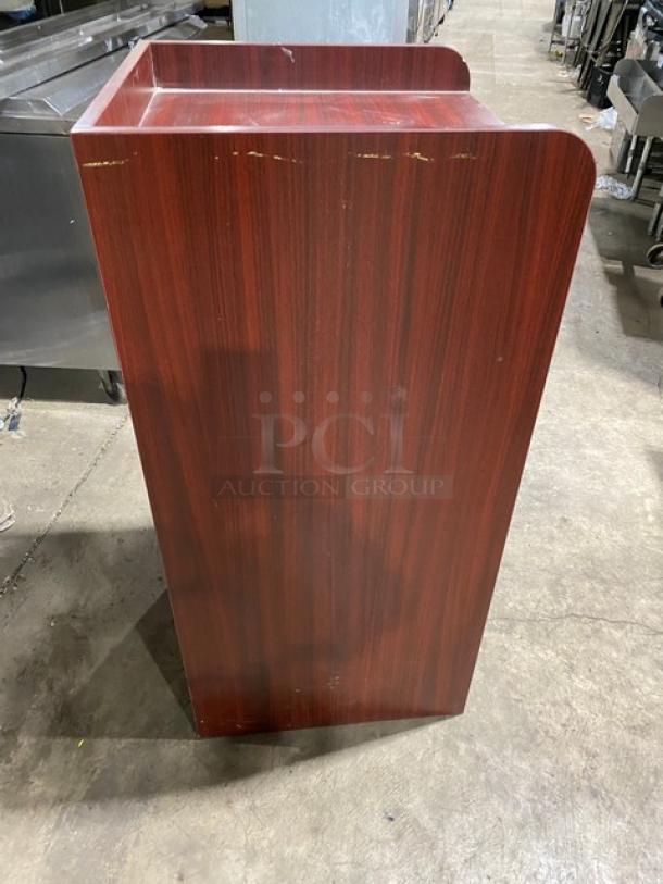 Commercial wooden enclosed trash receptacle, "Thank You" style, vertical scratches, used condition, elegant design.