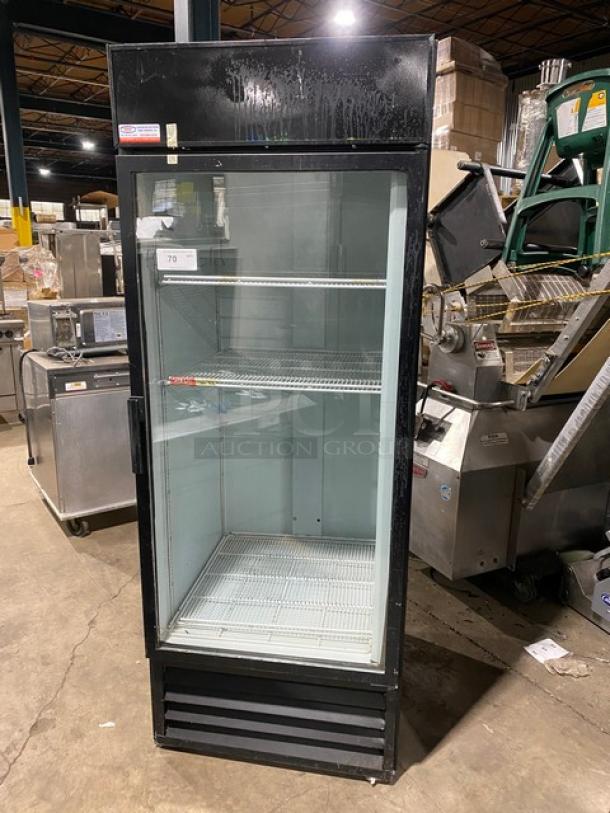 Beverage-Air MT27 reach-in merchandiser refrigerator, black, single glass swing door, poly coated wired rack, 115V.