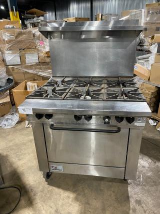 Southbend Commercial Stainless Steel Natural Gas Powered 6-Burner Range/Oven Combo! With Back Splash & Overhead Salamander Shelf! With Wired Oven Rack! Model: X336D SN: 99H68143! On Casters! - Item #1227465