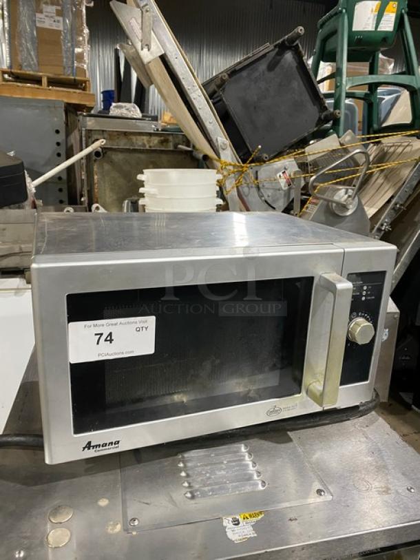 Amana RMS10DS stainless steel countertop microwave oven, electric-powered, 120V, 1 phase, model RMS10DS, serial number 1607404313, in used condition.
