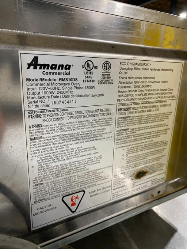 Amana Commercial stainless steel microwave, Model RMS10DS, 120V, 1 phase, labeled with specs and warnings, SN: 1607404313.