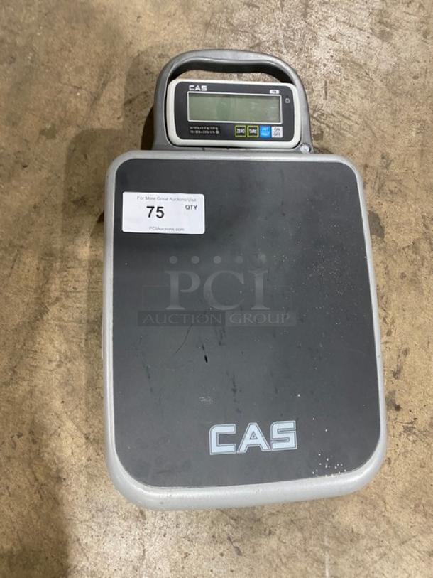 CAS commercial electric bench scale, model PB, SN: PB0270903. Portable, 150/300 lb capacity, on legs, with digital display.