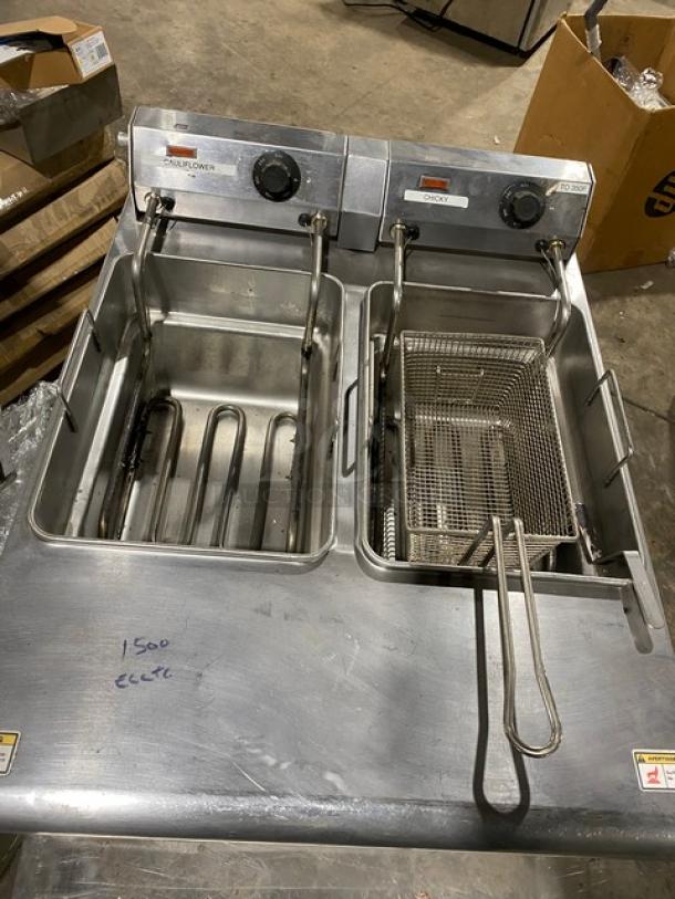 APW Wyott HEF30Ti commercial stainless steel electric countertop deep fryer on legs with fry basket; Model HEF-30Ti, 208/240V.