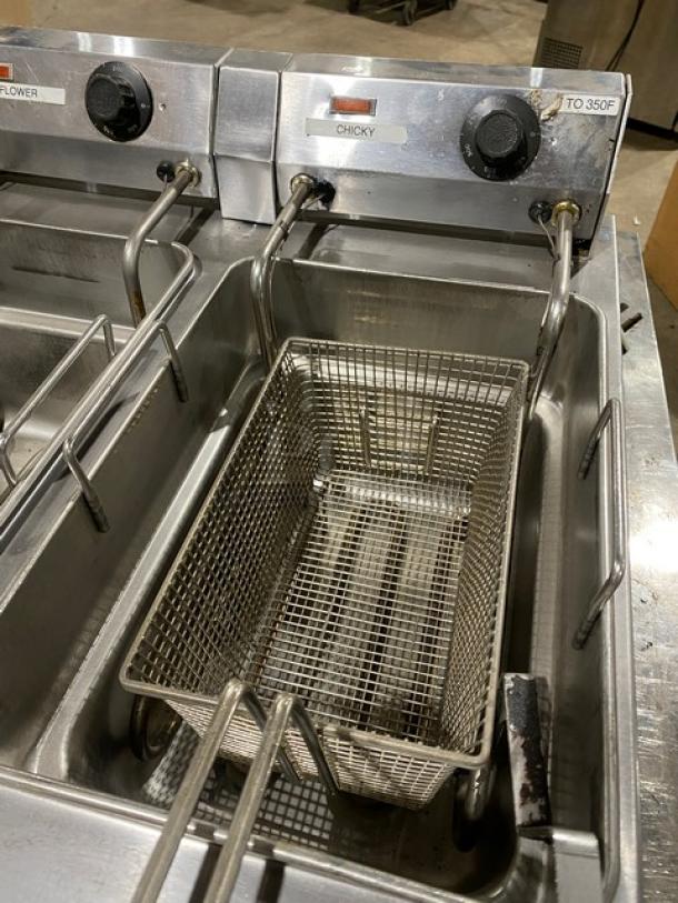 APW Wyott HEF-30Ti commercial stainless steel electric fryer, includes fry basket, operates on 208/240V 1 Phase, on legs.