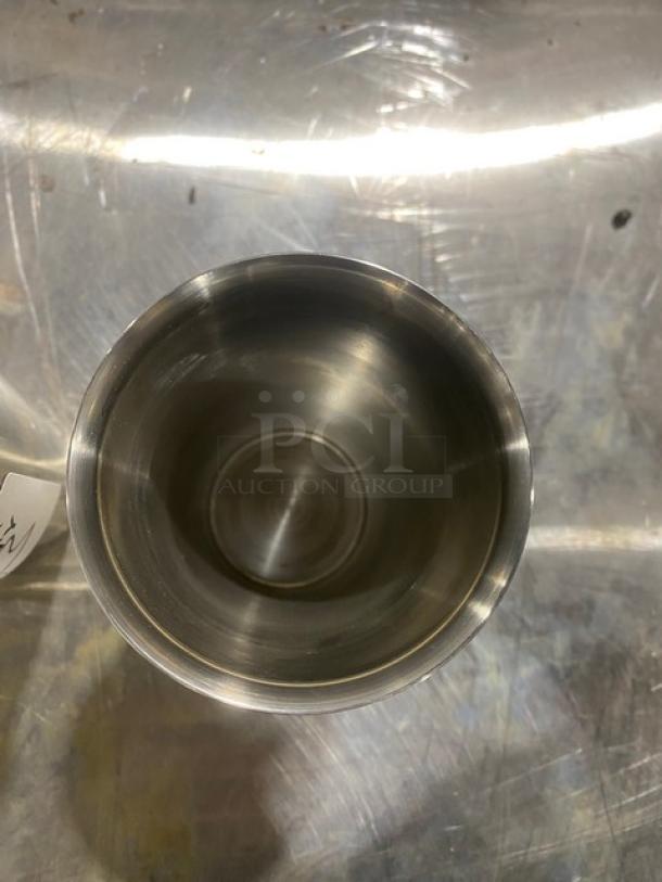 Stainless steel malt shaker cup, commercial-grade, cylindrical, polished interior and exterior, excellent condition.
