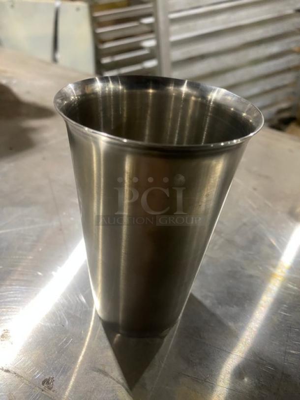 Commercial stainless steel malt shaker cup, excellent condition, suitable for drinks, durable and sleek design.