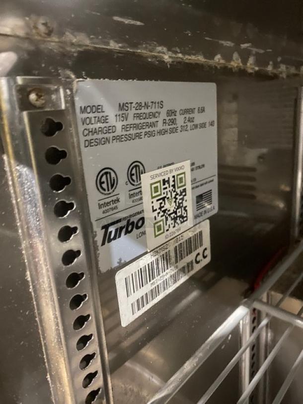 Turbo Air MST-28-N-711S salad prep table label showing model, voltage, refrigerant, and safety certifications.