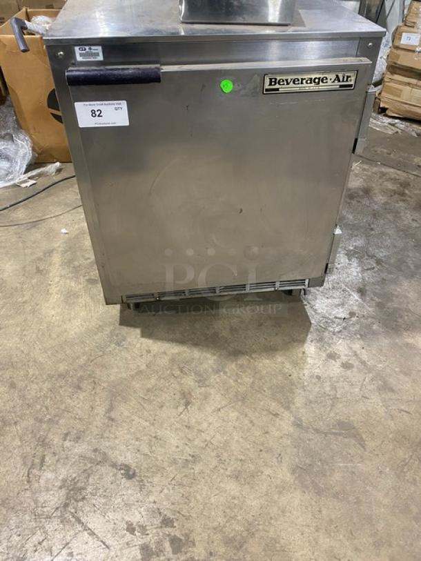 Beverage-Air UCR27A stainless steel undercounter refrigerator with casters and poly-coated rack, SN: 5305931.