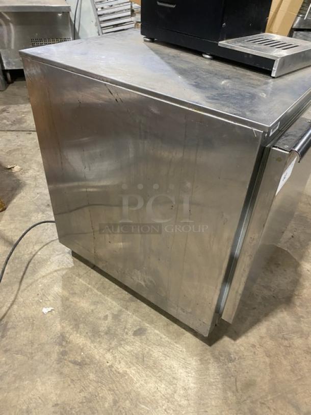 Beverage-Air UCR27A stainless steel undercounter fridge, single solid door, poly coated rack, on casters, model visible.
