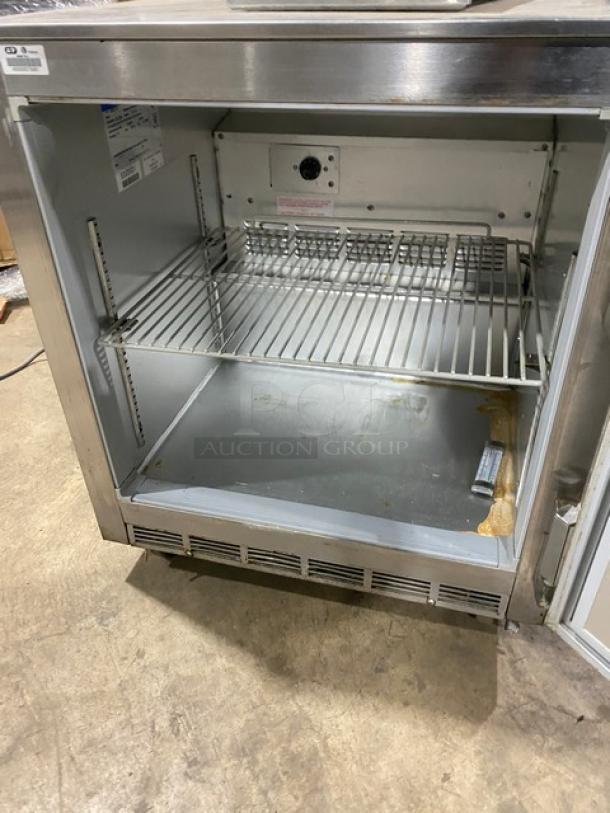 Beverage-Air UCR27A stainless steel undercounter refrigerator, single door, poly-coated wired rack, on casters, 115V, used.