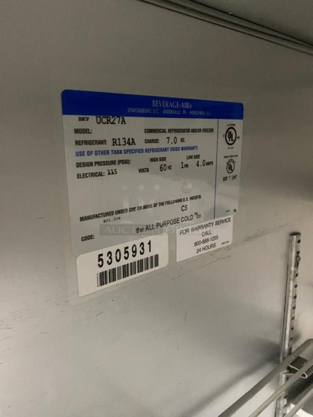 Beverage-Air UCR27A stainless steel undercounter refrigerator, single door, poly-coated wired rack, SN 5305931, 115V, 1 phase, on casters.