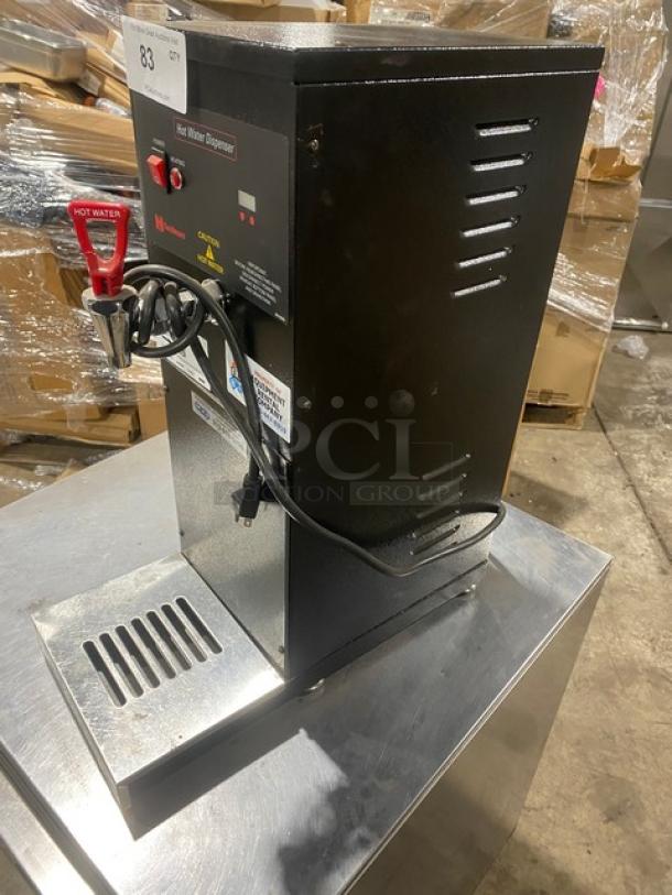 Cecilware HWD2 black electric hot water dispenser with stainless steel drip tray, model number L267172, 120V, 1 phase.