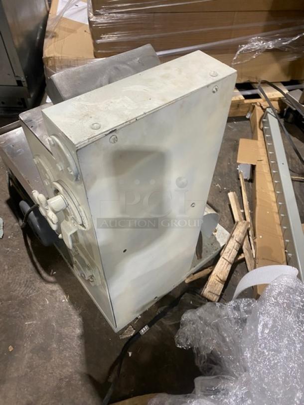 Acme 7 Series commercial stainless steel electric dough roller/sheeter, model 7 SN: 7-2375, 115V 1 Phase, countertop machine.