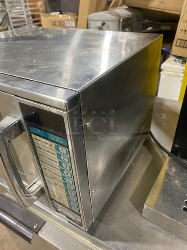 Sharp R22GTF commercial stainless steel microwave with digital control panel, 120V, gently used condition.