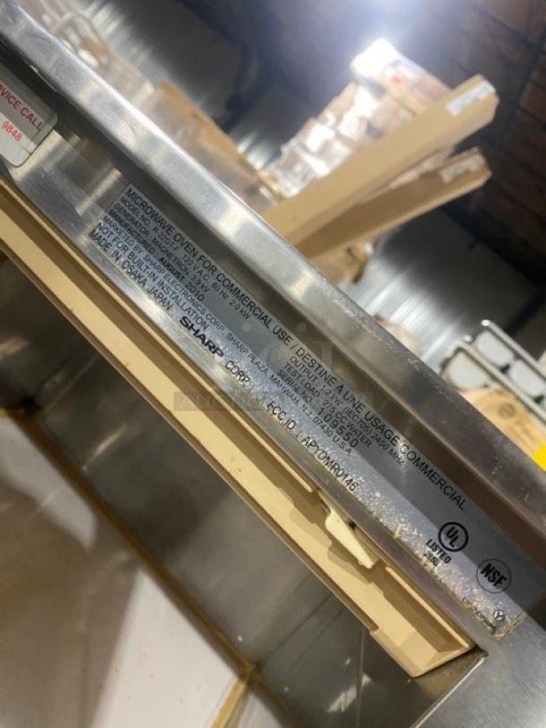 Sharp commercial stainless steel countertop microwave, model R-22GT-F, digital controls, UL, NSF certified, 120V, Serial 109550.