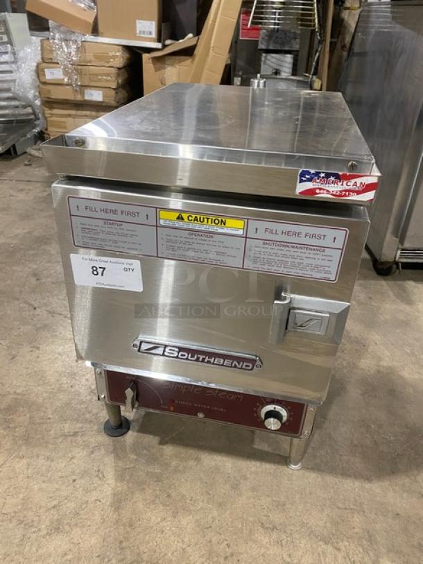 Southbend Simple Steam Series countertop electric steamer, Model EZ-3, stainless steel, 208V, 3 phase, on legs.
