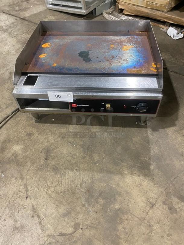 Cecilware EL1624 24" stainless steel electric flat griddle with thermostatic control, back & side splash, on legs, 240V.