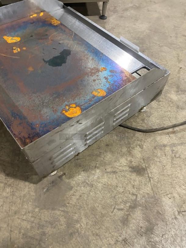 Cecilware 24" stainless steel electric griddle, model EL1624, with thermostatic control, back & side splash, on legs, visible wear.