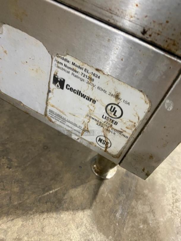 Cecilware EL1624 stainless steel countertop griddle, with thermostatic control, back and side splash, 240V, on legs.