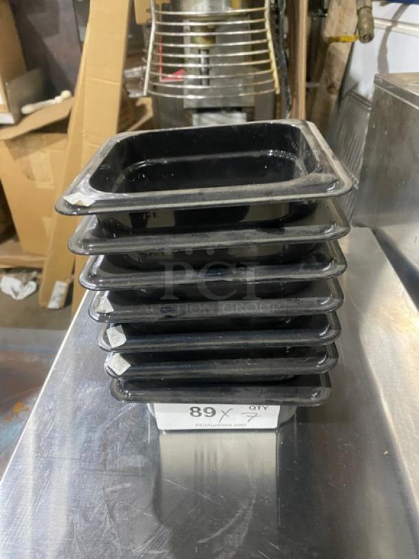 New Cambro Camwear Series 1/6-Size 2.5" deep black food pans, stack of seven, commercial quality, excellent condition.