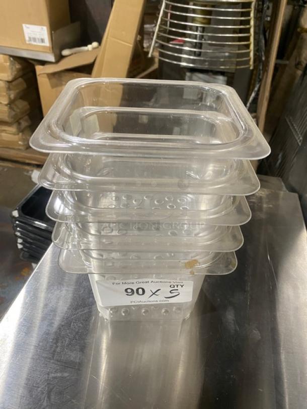 NEW Cambro Camwear Series clear polycarbonate colanders, model 65CLRCW, stacked, pristine condition, auction label attached.