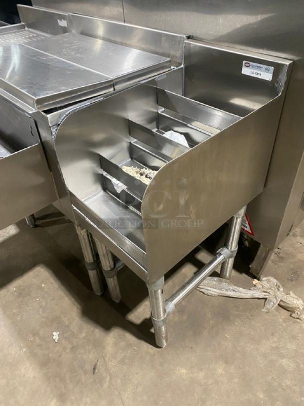 NBR stainless steel cocktail station, model LD1218, with ice bin, double speed rail, underbar display, left side drain board, on legs.