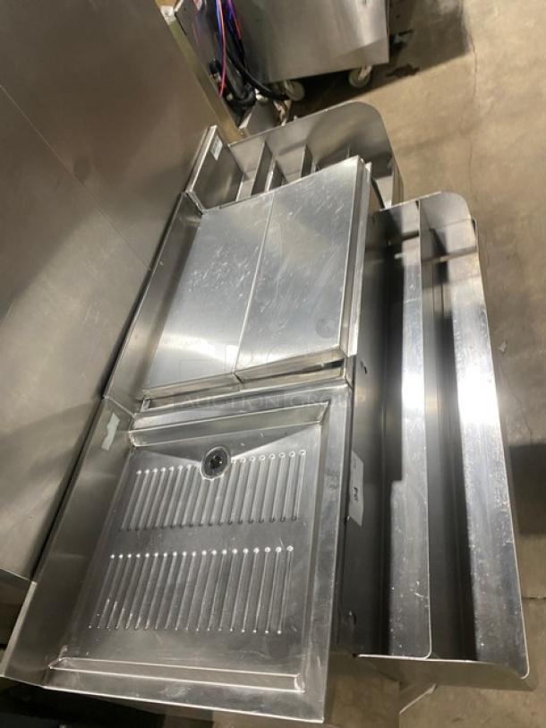 NBR Stainless Steel Cocktail Station, Model LD-1218, with ice bin, double speed rail, underbar liquor display, and left side drain board.