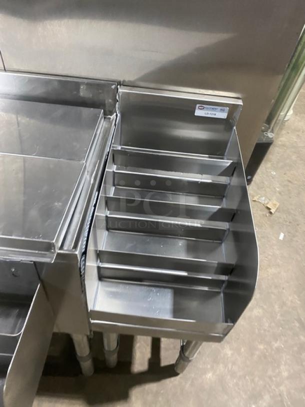 NBR Commercial Stainless Steel Cocktail Station, Model LD-1218, with ice bin, double speed rail, underbar liquor display, left drain board, on legs.