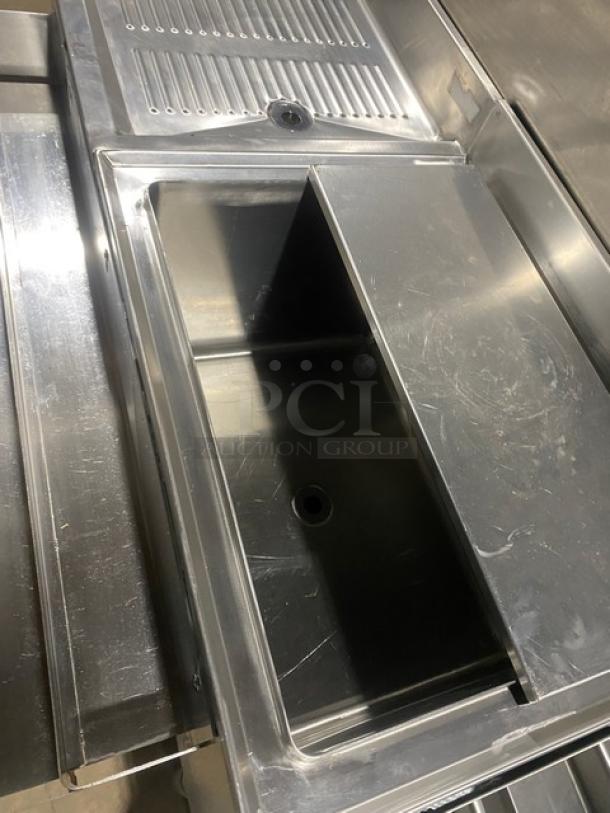 NBR stainless steel cocktail station with ice bin, double speed rail, liquor bottle display, and left side drain board. Model LD1218.