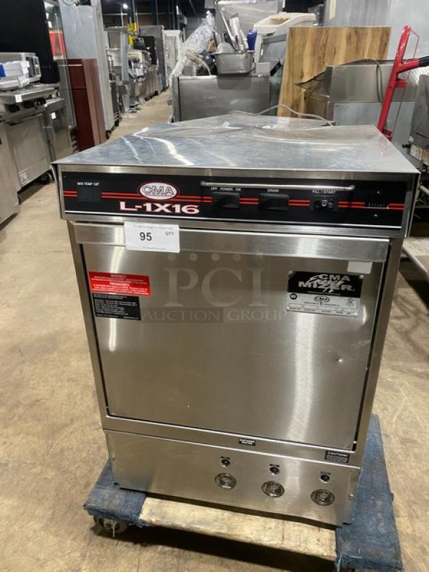 CMA Energy-Mizer L-1X16 stainless steel undercounter low-temp dishwasher with heater, electric-powered, model L1X16, 115V, 1 phase.
