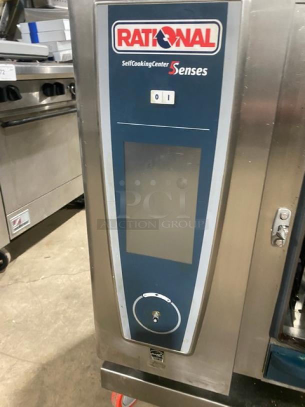 Rational Self Cooking Center 5Senses Combi Oven, stainless steel, natural gas, Energy Star, with pan slides, on casters.