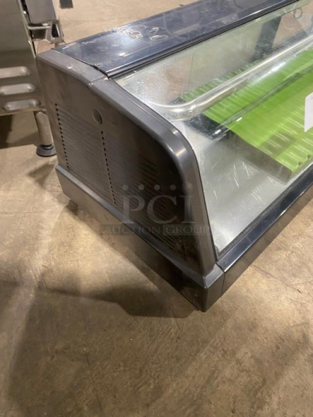 Hoshizaki HNC-150AA-R sushi merchandiser with curved glass, 60" countertop display, rear sliding doors, 115V, SN T02676D.