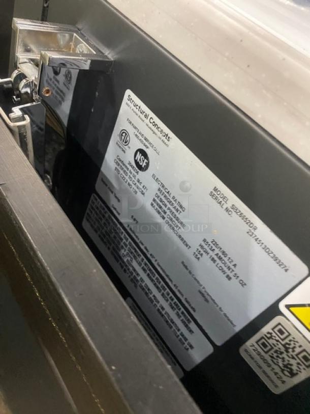 Structural Concepts Model SBZ6652DR label showing serial number 2374513DZ393274, electrical specs, and certification marks.