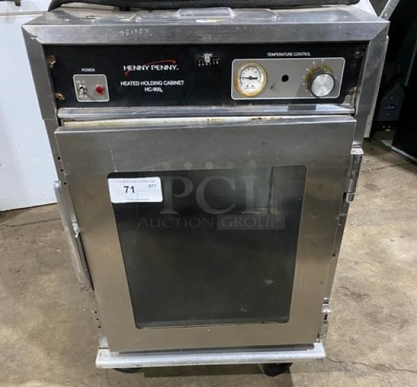 Henny Penny HC-900 stainless steel half-height heated holding cabinet on casters, control panel visible, used condition.