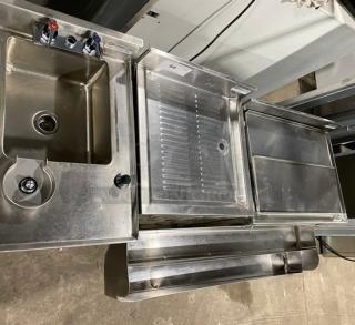 NBR Equipment Commercial Stainless Steel Cocktail Station! With Single Compartment Cup Washing/Rinsing Sink! With Drain Board! With Sliding Top Ice Bin & Double Speed Rail! Model: IB-2418/UW-1-1012-1521-TDV! On Legs! - Item #1227457