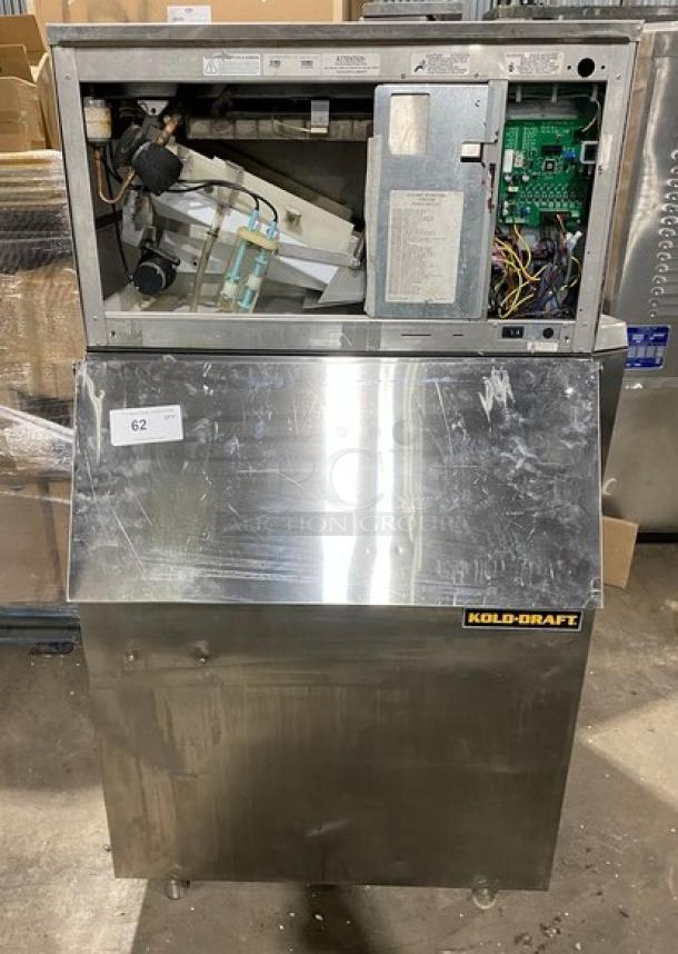 Kold-Draft GT364AC ice machine, stainless steel, air-cooled, electric, on legs. Visible internal components. Moderate wear.