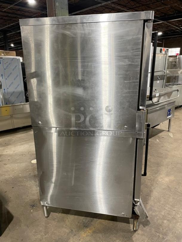 Blodgett commercial double-stacked stainless steel convection oven, Energy Star certified, with thermostatic control and wired oven rack, on legs.