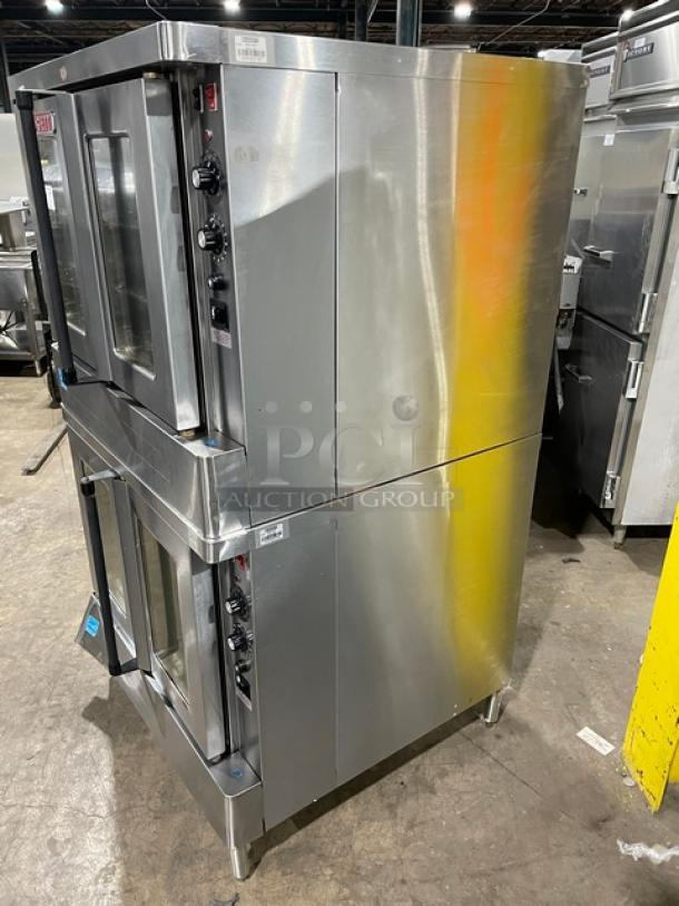 Blodgett double-stacked stainless steel convection oven, Energy Star, thermostatic control, on legs, wired rack included.