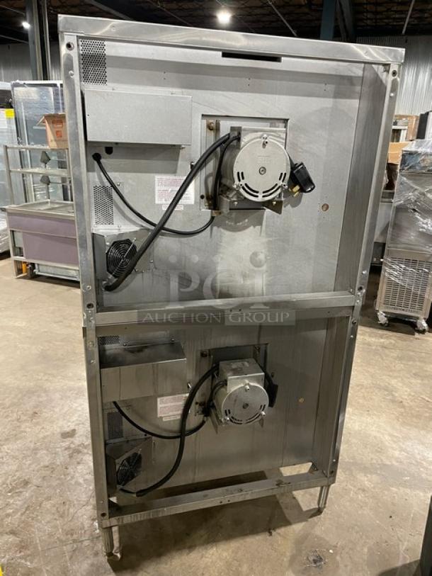 Blodgett double-stacked stainless steel convection oven, electric-powered, thermostatic control, Energy Star certified, on legs.