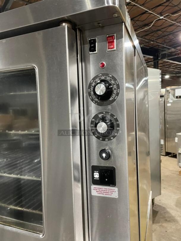 Blodgett stainless steel double stacked convection oven, electric, Energy Star certified, thermostatic control, on legs.