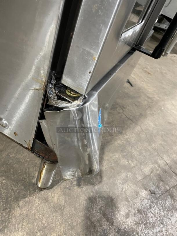 Blodgett stainless steel double convection oven, electric powered, thermostatic control, slight damage on corner, on legs.