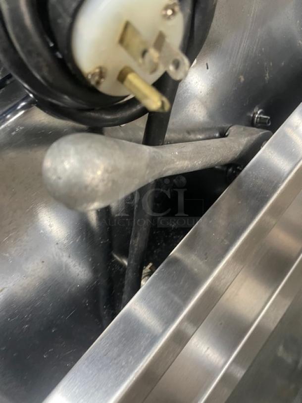 Berkel MB countertop bread slicer, stainless steel, electric, 115V, 1-phase, on legs. Serial: 9211120103897.