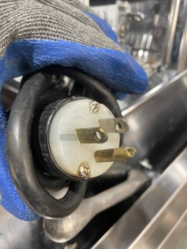 Berkel MB stainless steel electric bread slicer plug, 115V, showing three-prong connector, clean condition.