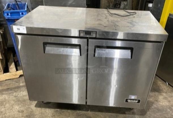 Bison BUR48 stainless steel 2-door undercounter worktop refrigerator on casters, 115V. Visible Bison logo and sturdy construction.
