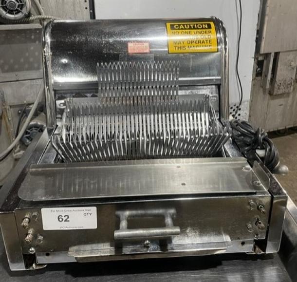 Berkel MB stainless steel electric countertop bread slicer, 115V, 1 phase, on legs, serial: 9211120103897, caution label visible.