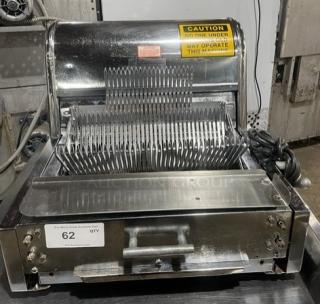 Berkel MB stainless steel electric countertop bread slicer, 115V, 1 phase, on legs, serial: 9211120103897, caution label visible.